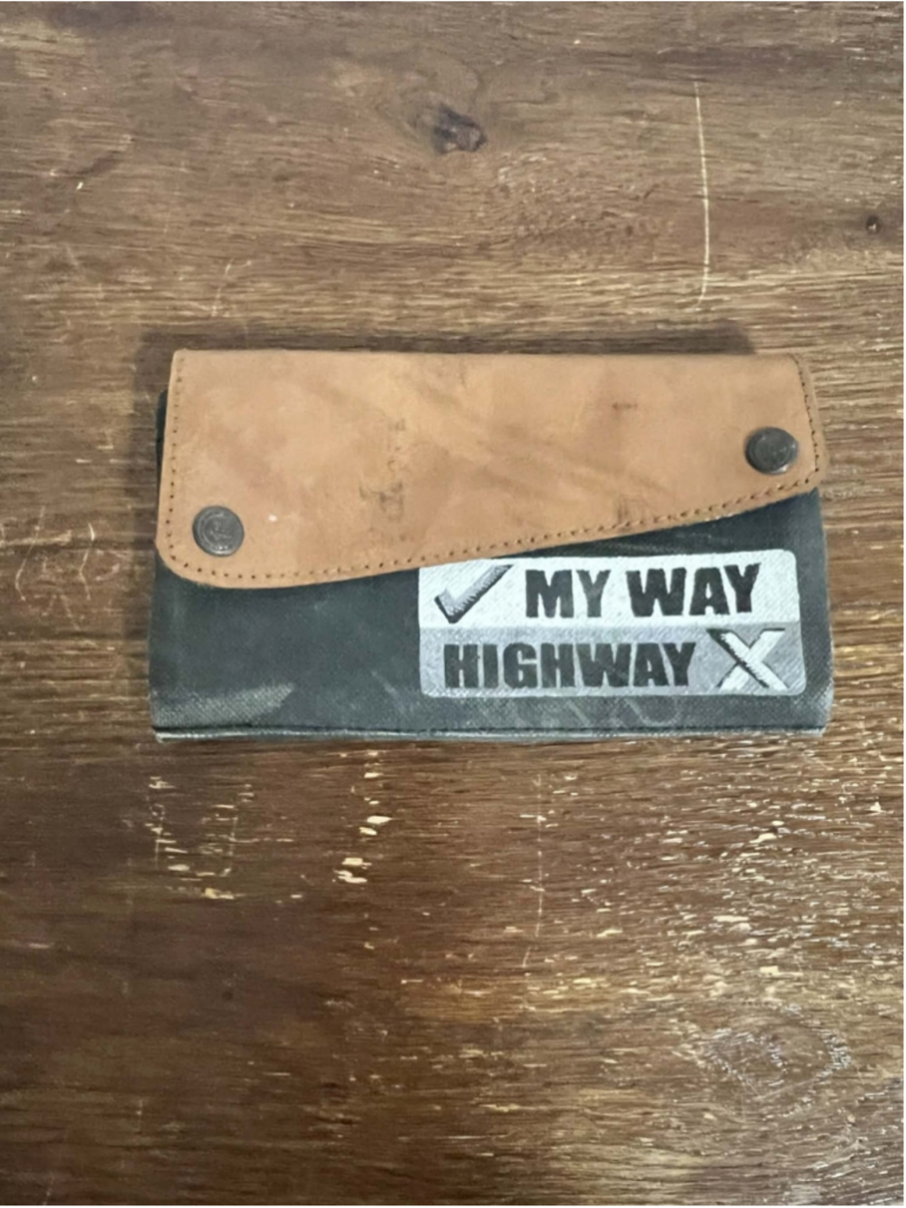 Mona B Upcycled Canvas & Leather Wallet My Way Highway Slogan Trifold Clutch Bag